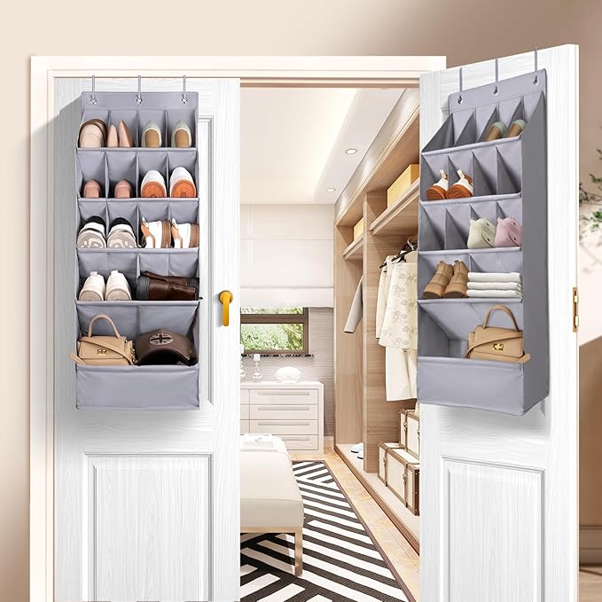 FENTEC 1 Pack Over-the-Door-Shoe-Organizers, Hanging Shoe Organizers with Large Pocket Shoe Holder Hanging Shoe Rack for Closet Shoe Organizer for Wall, Over Door Organizer with 15 Pockets Gray