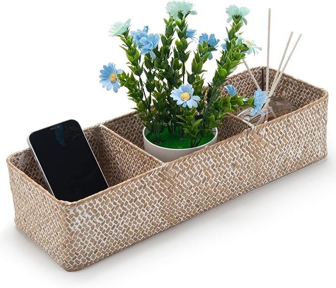 Whitewash Seagrass Toilet Tank Basket with 3 Section, Toilet Paper Basket for Bathroom Organizing, Storage Basket for Kitchen, Dresser (16.5x5.7x3.5 inch)