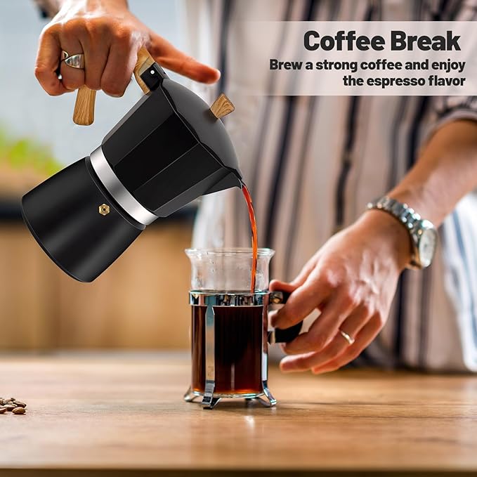 6 Cup Aluminum Moka Pot Classic Stovetop Espresso Coffee Maker 300ml 10oz Coffeemaker Percolator Mocha Pot Greca Coffee Maker Cafe Makers for Italian and Cuban Café Brewing Black