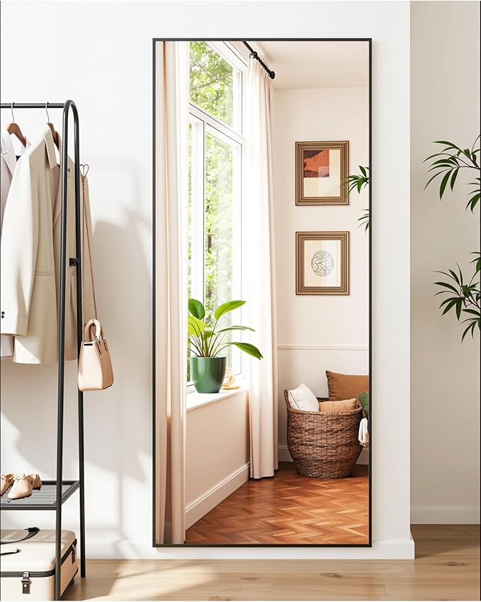 Suidia Full Length Mirror, 58"x18" Floor Standing Mirror Freestanding, Full Body Mirrors with Stand for Bedroom, Hanging Mounted for Living Room Cloakroom, Black, Rectangular Style