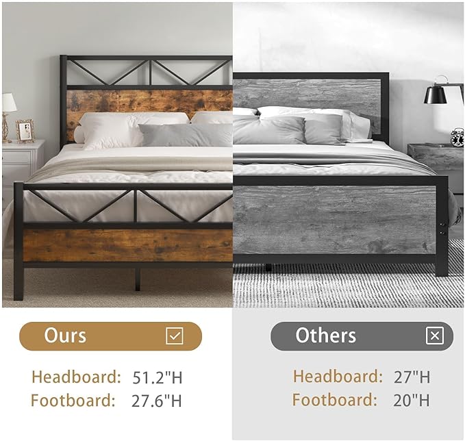 Queen Bed Frame with Headboard, Industrial 51.2" Tall Headboard, Queen Platform Bed Frame with Heavy Duty Metal Slats Support, No Box Spring Needed, Noise-Free, Easy Assembly, Rustic Brown