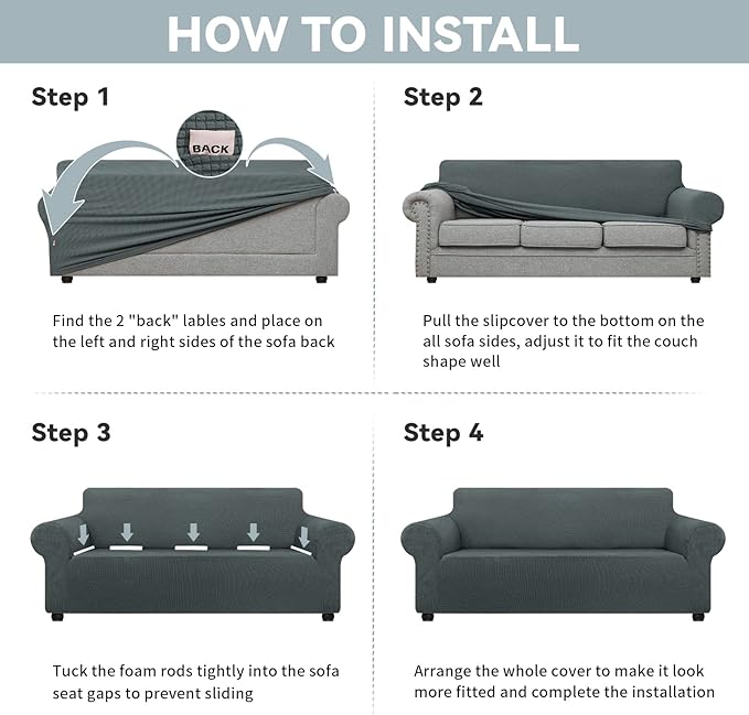 LURKA Stretch Oversized Sofa Slipcovers 1 Piece Couch Covers for 3 Cushion Couch Sofa Furniture Protector Full Sofa Covers with Elastic Bottom for Kids and Pet (X-Large, Grey)