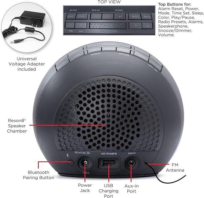iHome Alarm Clock Radio with Bluetooth Speaker and Color Changing Lamp, USB Charging, and Speakerphone for Home, Office, or Dorm (IBT29BX6)