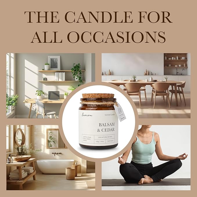 Scented Candle, 7.05 oz Balsam Cedar Aromatherapy Candle, Natural Soy Wax with Wooden Wick, Candles for Home Scented, Stress Relief Amber Jar Candle Gifts