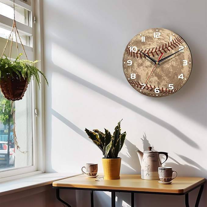Wall Clock, 10 Inch Silent Non-Ticking Home Kitchen Decor, Battery Operated for Bathroom Bedroom Living Room Office(Vintage Baseball,Ball Game Sports American)