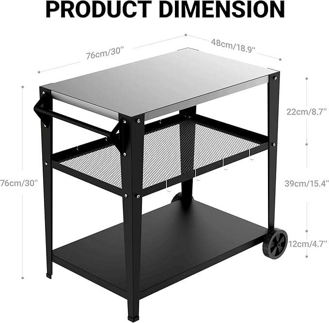 3-Shelf Outdoor Grill Table & Pizza Oven Cart with Wheels, Stainless Steel BBQ Prep Table with Hooks, Mobile Grill Stand for Blackstone/Ooni (Stainless Steel)
