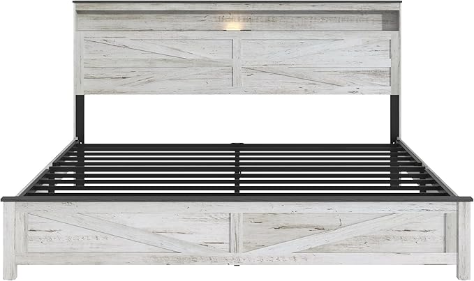 Farmhouse Wooden Bed Frame King Size with Storage Headboard, Boho Platform Bedframe with LED Lights and Charging Station, Metal Slats Support, No Box Spring Needed, White