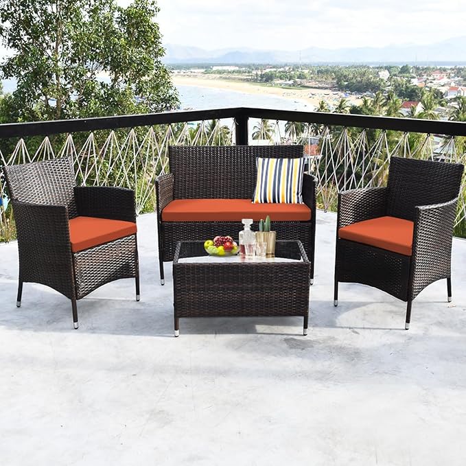Goplus 4-Piece Rattan Patio Set, Outdoor/Indoor Wicker Conversation Set for Pool, Backyard, Lawn, Wicker Chairs and Sofa with Soft Cushion, Rattan Furniture with Tempered Glass Coffee Table