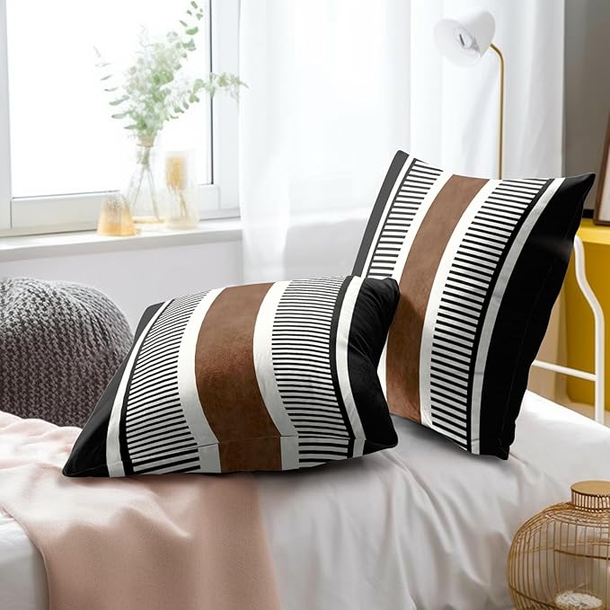 Kawani Boho Decorative Throw Pillow Covers 24x24 Inch Black White Brown Stripe Pillow Covers Set of 2 Farmhouse Rustic Decorative Pillows Modern Geometric Pillow Cases for Couch Decor