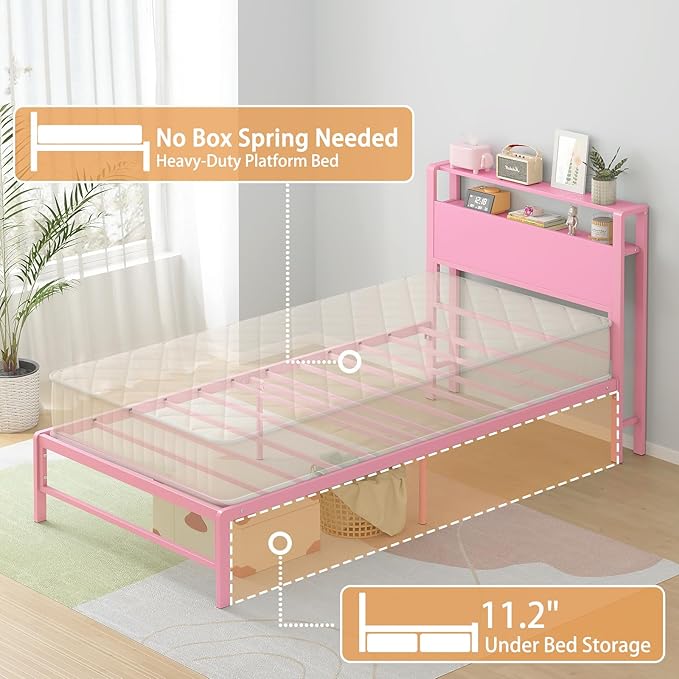 Weehom Twin Bed Frames for Kids with 2 Tiers Wood Storage Shelves Headboard, Twin Size Bed No Box Spring Needed Easy Assembly Metal Platform for Girls and Adults, Pink