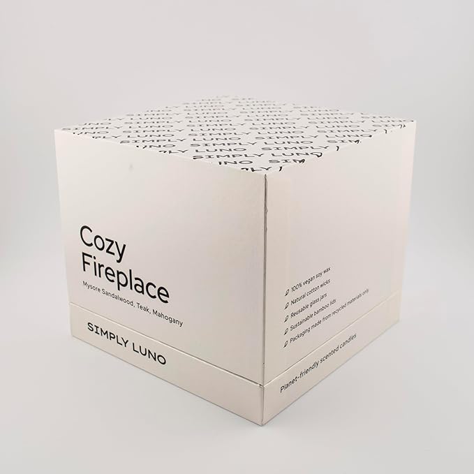 Cozy Fireplace Scented Candle – 14oz Soy Wax with Sandalwood & Mahogany – Long Lasting 50+ Hour Burn – Eco Friendly & Hand Poured – Luxury Gift Box in Reusable Jar with Bamboo Lid