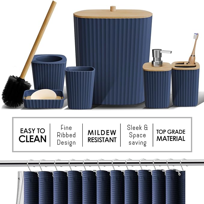 Bathroom Accessories Set with Shower Caddy and Bath Rugs, 27PC Bathroom Accessory Set with Shower Caddies Navy Bath Rugs, Shower Curtain Set, Toilet Brush, Trash Can, Soap Dispenser, Toothbrush holder