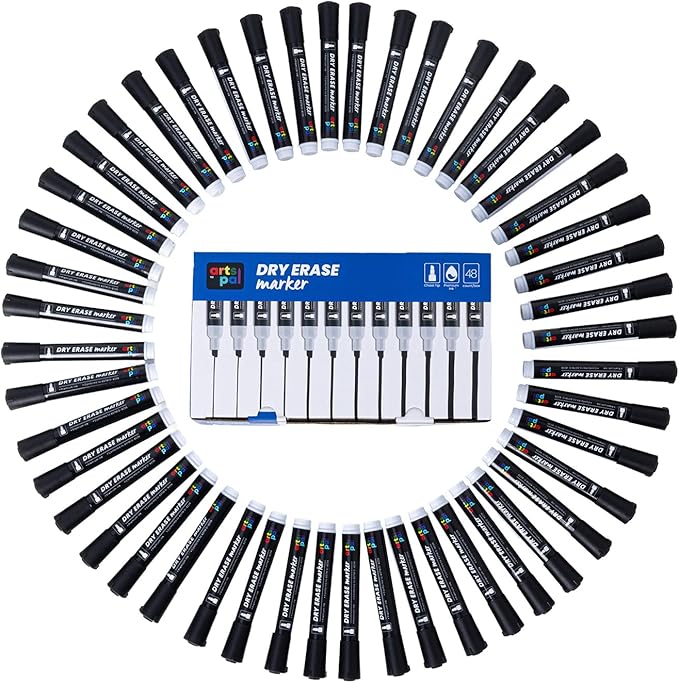 Artspal Dry Erase Markers, 48 Count, Black, Chisel Tip, Low Odor, Easy Erase, Whiteboard Markers for Classroom, Office, Home, Teachers, Kids, Back to School Supplies