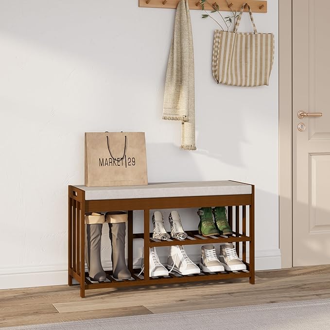 3-Tier Bamboo Shoe Rack Bench, Shoe Storage Organizer Bench, Entryway Benchs, Shoes Rack for Front Door Entrance, Entryway Bathroom Bedroom