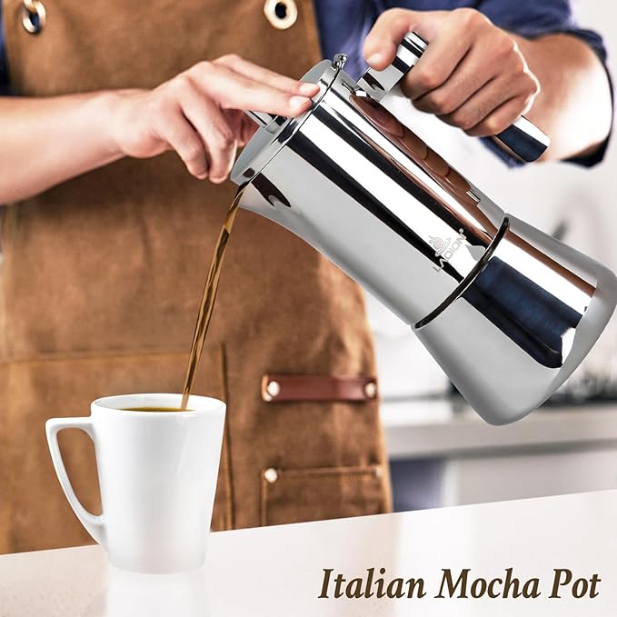 Stovetop Espresso Maker, 6Cup 10 oz Moka Pot, Stainless Steel Cuban and Italian Coffee Maker for Cafetera Cubana, Greca De Cafe Induction Stovetop Compatible, Coffee Gift for Home Travel