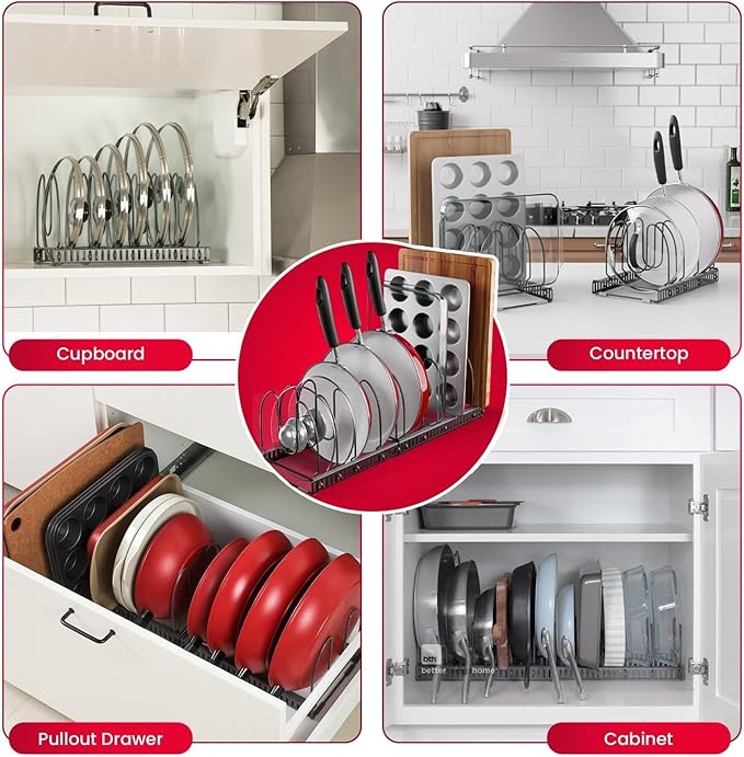 12+ Expandable Pan and Pot Lid Organizer Rack for Cabinet, Pot Lid Holder Pot Organizers Inside Cabinet, Pots and Pans Organizer Under Cabinet (Dark Grey, PAN & BAKEWARE)