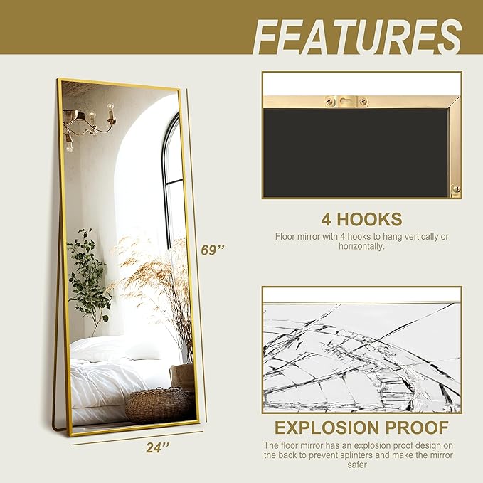 Delma Full Length Standing Mirror,Large Floor Mirror with Aluminum Frame for Bedroom, Bathroom, Living Room,Wall Mount or Freestanding Design(with Stand,Rect 69x24-Gold)