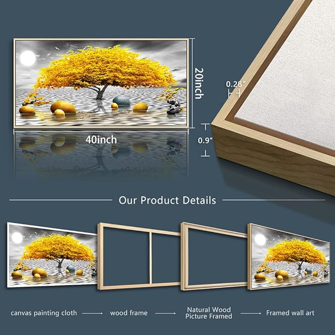 Framed Canvas Wall Art For Living Room Large size Boho Wall Decor For Bedroom Black And White Wall Pictures Yellow Tree wall Painting Office Wall Decor Home Decoration Natural Wood Framed 20" X 40"