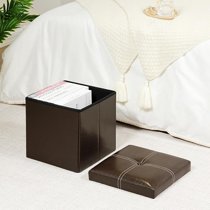 B FSOBEIIALEO Folding Storage Ottoman, Faux Leather Footrest Seat Coffee Table Toy Chest Kids, Brown 11.8"x11.8"x11.8"