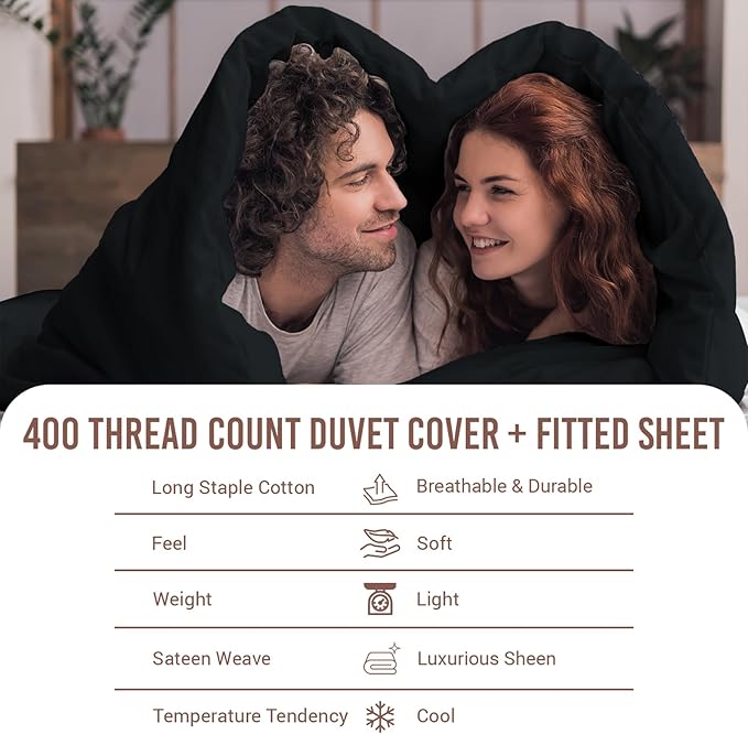 Pizuna 100% Cotton Twin 2 Pc Duvet Cover + 1 Pc Fitted Sheet Set 400 Thread Count Black Sateen Weave Luxurious Long Staple Cotton 4 Piece Bedding Set - 1 Duvet Cover, 1 Pillow Sham, 1 Fitted Sheet