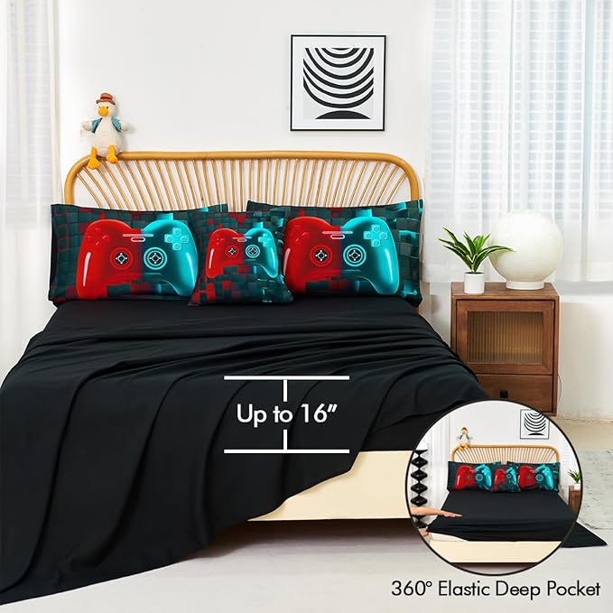 PERFEMET 6 Pcs Gamer Bed Set Twin Size Red and Teal Game Console Kids Bed in A Bag Set Soft Fluffy 3D Cool Teen Boys Gaming Comforter Set with Bed Sheet(Red Teal, Twin)
