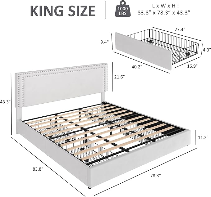 VECELO King Size Upholstered Platform Bed Frame with 4 Storage Drawers, Adjustable Velvet Rivet Decor Headboard, Wooden Slats Support, No Box Spring Needed, Easy Assembly