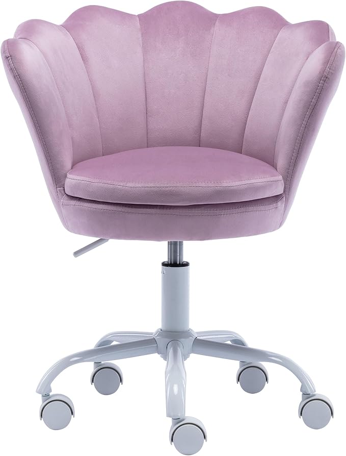 DM Kids Desk Chair Ergonomic Reading Study Adjustable Computer Chair for Students Cute Modern Upholstered Velvet Swivel Rolling Arm Chair with Seashell Back for Girls Bedroom, Purple