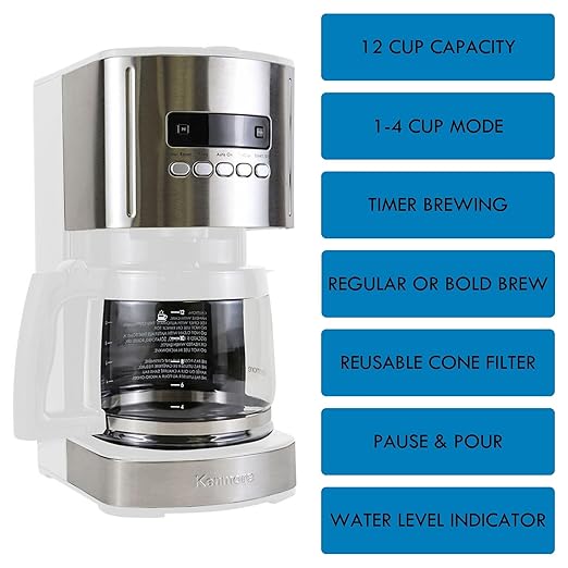 Kenmore Drip Coffee Maker - 12 Cup Programmable Cafe Machine With Glass Pot, Regular & Bold Brew, Auto Shut Off Large Water Reservoir, Reusable Filter, Kitchen Appliances For Cafeteria Barista, White