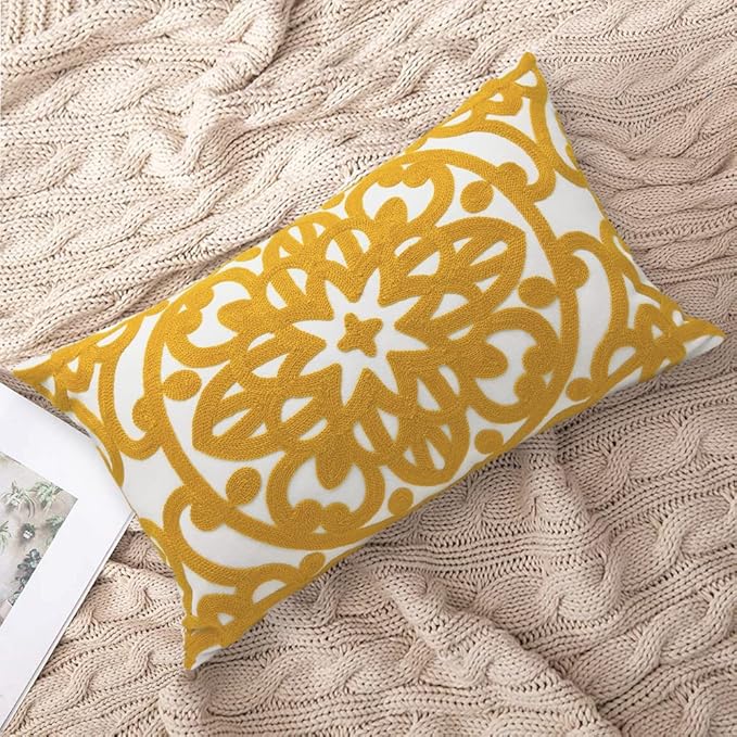 Alysheer Embroidered Lumbar Decorative Throw Pillow Cover 12"x 20", Classic Boho Mandala Embroidery Pattern Cotton Rectangular Cushion Case for Sofa Couch Living Room Bedroom(Mustard Yellow)