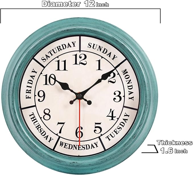 zyzamay 12 Inch Retro Wall Clock,Classic Day of The Week Wall Clock,Easy to Read,Non-Ticking Round Classic(Green)