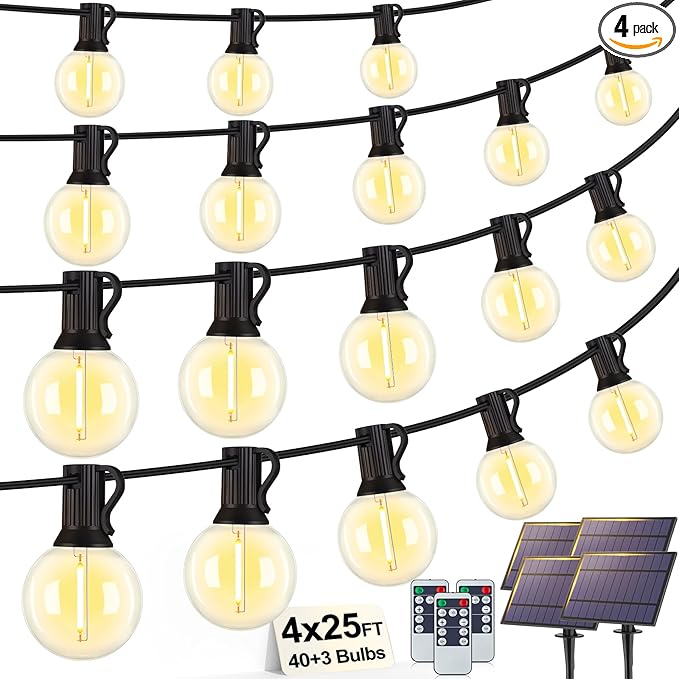 100FT(4x25FT) Solar String Lights Outdoor with Remote, Waterproof Dimmable 3 Modes Patio Light with 40+3 LED G40 Bulbs for Camping Porch-Black