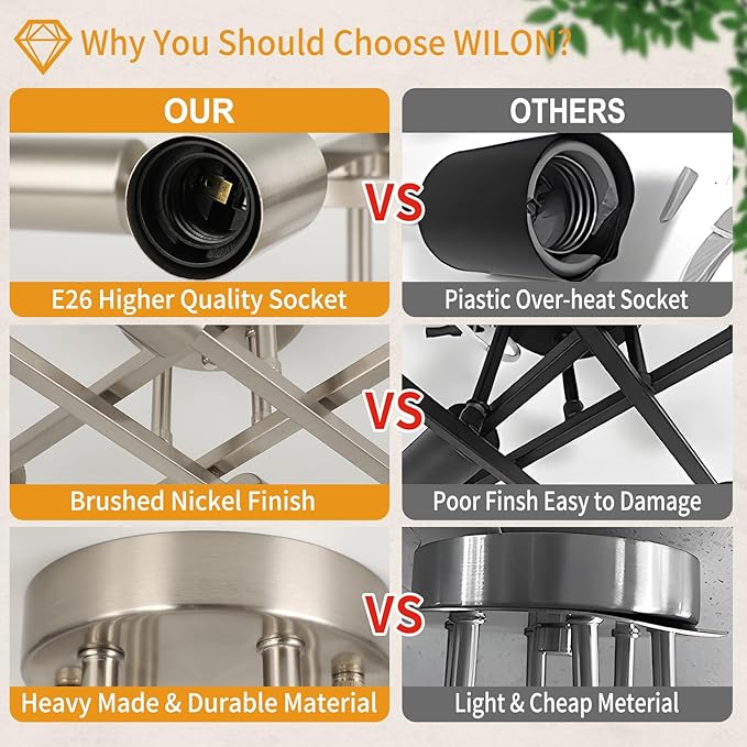 WILON Semi Flush Mount Ceiling Light Fixture, Modern Flush Mount Ceiling Lights, 6-Light Brushed Nickel Sputnik Ceiling Light Fixture with E26 Bulb Base for Hallway Farmhouse Kitchen Bedroom