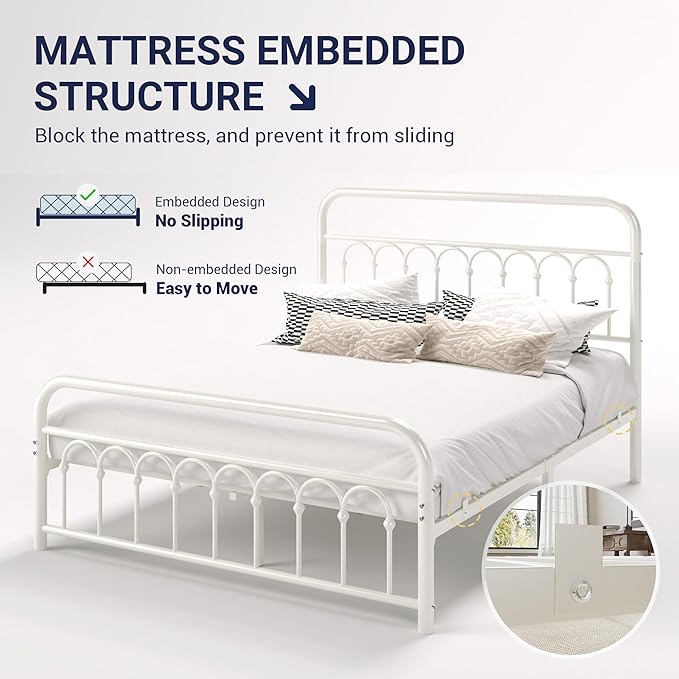Allewie 14 Inches Full Size Metal Platform Bed Frame with Victorian Style Curved Iron-Art Headboard/Footboard, Metal Slats Support, Easy Assembly, Under Bed Storage, No Box Spring Required, White