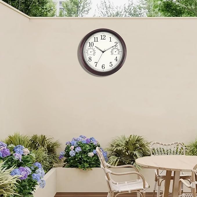 14 inch Outdoor Wall Clock, Plastic Waterproof Outdoor Clock with Temperature & Humidity, Water Resistant Wall Clocks for Patio Garden, Dark Brown