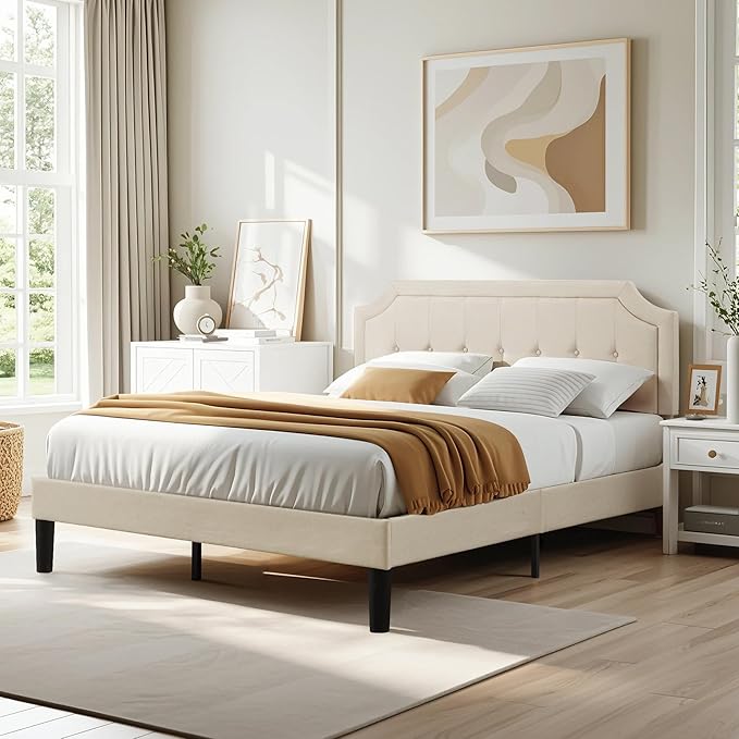 VECELO Full Upholstered Platform Bed Frame with Adjustable Button Stitched Panel Headboard,Strong Wood Slat Support,Velcro Design,Mattress Foundation/Easy Assembly,Beige
