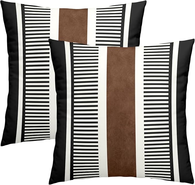 Kawani Boho Decorative Throw Pillow Covers 24x24 Inch Black White Brown Stripe Pillow Covers Set of 2 Farmhouse Rustic Decorative Pillows Modern Geometric Pillow Cases for Couch Decor