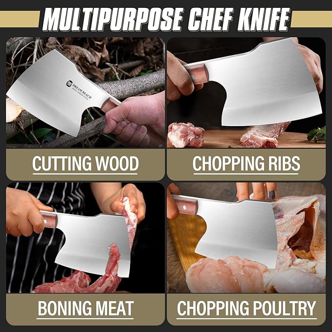 Dream Reach Meat Cleaver Knife Heavy Duty Bone Chopper Stainless Steel Butcher Axe Hand Forged Butcher Knife Meat Bone Cleaver for Kitchen Outdoor BBQ