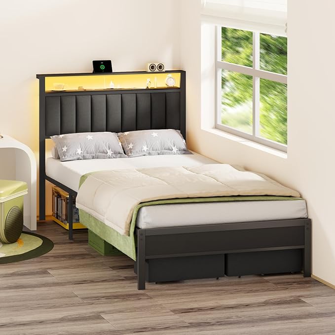 Furnulem Full Size Bed Frame with Charging Station and LED Lights, Grey Upholstered Headboard with Shelves, Metal Platform Bed with 2 Under-Bed Storage (Fabric Drawer on Wheels), No Box Spring Needed