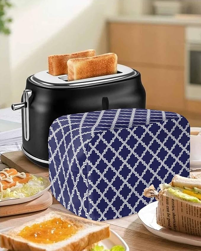 Toaster Cover 4 Slice Moroccan Pattern Toaster Oven Cover with Pockets Geometric Trellis Navy Blue Dustproof Bakeware Protector Small Kitchen Appliance Dust Covers and Fingerprint Protection for Women
