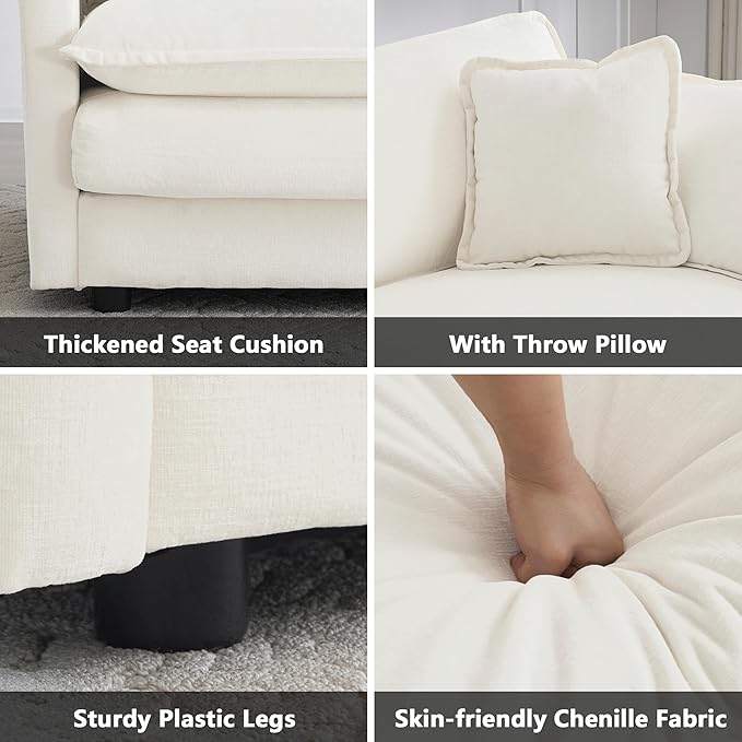 mikibama Luxury Modular Sectional Sofa, 146.5" Modern Chenille Comfy Cloud Couches for Living Room Office, 4 Seater Deep Sofa with 2 Armrest Pillows and 4 Toss Pillows, Beige