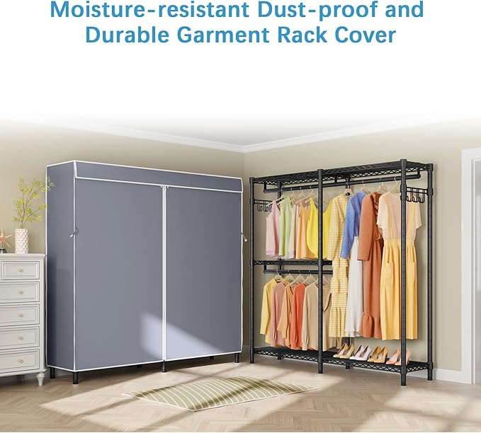 VIPEK V4C Garment Rack with Cover, Heavy Duty Portable Closet Adjustable Metal Clothing Rack for Hanging Clothes with Hanging Rods & Side Hooks, Max Load 810lbs, Black Rack with Grey Cover
