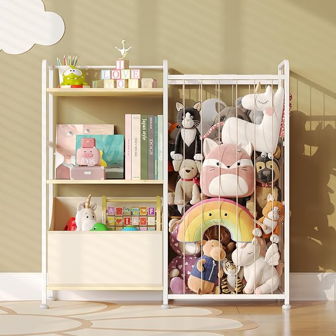 BBLIKE Stuffed Animal Storage - Stuffed Animal Net with Kids Bookshelf and Toy Organizer, 2-Tier White Bookshelf with Stuffed Animal Holder and Fabric Toy Chest for Kids Room, Playroom, Nursery, Beige