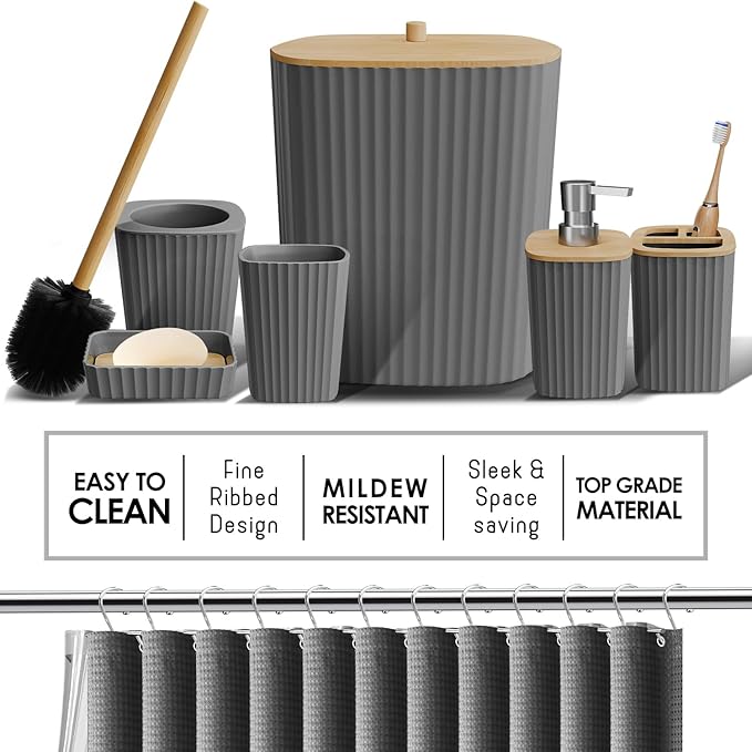 Shower Caddy and Bathroom Accessories Set, 25PC Bathroom Accessory Set with Shower Shelf Caddy for Bathroom Storage, Grey Shower Curtain Set, Toilet Brush, Trash Can, Soap Dispenser, Toothbrush holder
