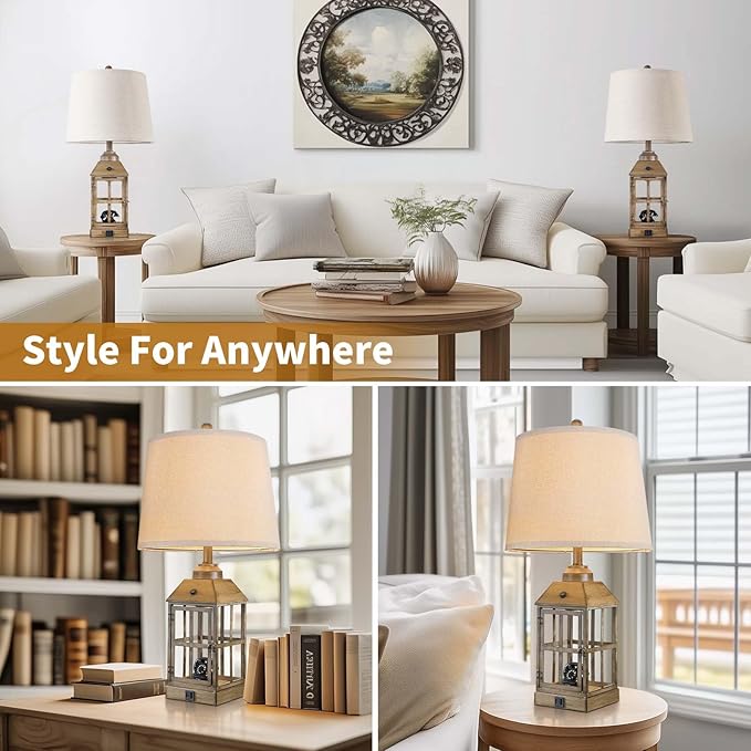 25" Farmhouse Table Lamps for Living Room, Table Lamps Set of 2 with USB Port and Nightlight, Rustic Table Lamp for Bedroom, Bedside Lamp for Nightstand, End Table, Home, LED Bulbs Included (Wood)