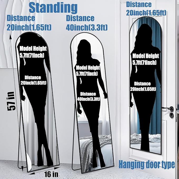 57x16 Door Hanging Full Length Mirror, Floor Stand (Height 5.7ft just Body in1.3ft) / Wall Mounted Metal Frame Arch Dressing Mirrors for Bedroom Living Room 57 inch Black