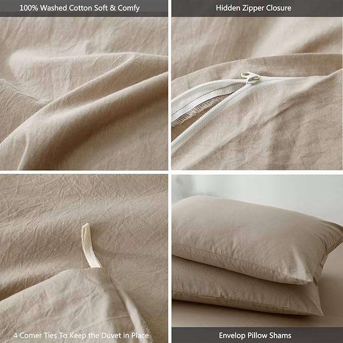 MooMee Bedding Duvet Cover Set 100% Washed Cotton Linen Like Textured Breathable Durable Soft Comfy (Heathered Taupe, Twin 68"x90")