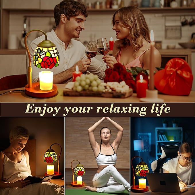 Candle Warmer Lamp with Timer Dimmer, Adjustable Height Candle Warmer for Jar Candles, Birthday Gifts for Women New Home Bedroom Decor Tiffany Butterfly Style Stained Glass with 2 Bulbs