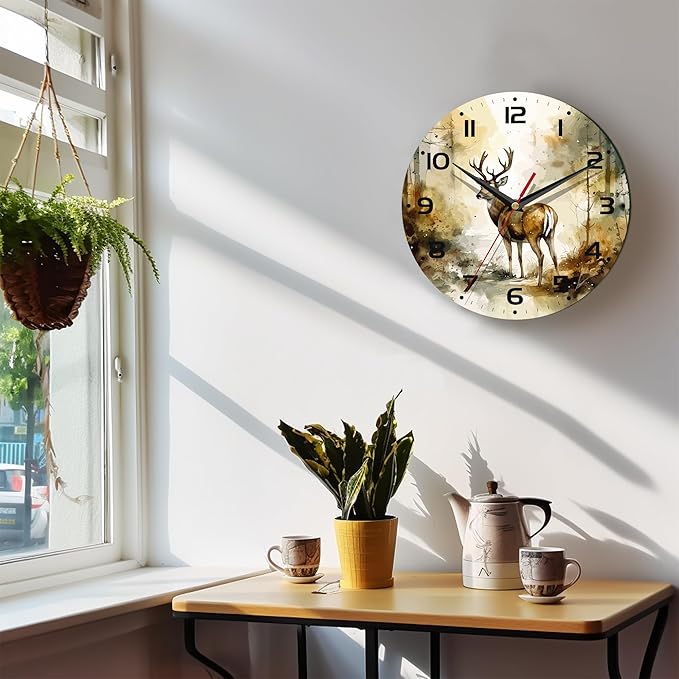 Wall Clock, 10 Inch Silent Non-Ticking Home Kitchen Decor, Battery Operated for Bathroom Bedroom Living Room Office(Forest Deer)