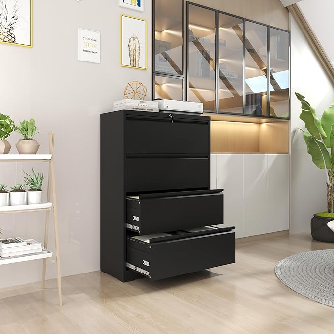Lateral File Cabinet with Lock,4 Drawer Metal Filing Cabinets, Home Office Storage Cabinet for Hanging Files Letter/Legal/F4/A4 (Black)