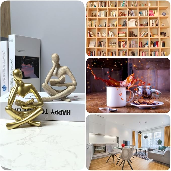 Reading Sculpture Thinker Statue 4.5”- Modern Abstract Art Figurine for Bookshelf & Coffee Table Decor, Aesthetic Home Accents for Living Room, Office Shelves, Desks, and Knick Knack Displays (Grey)